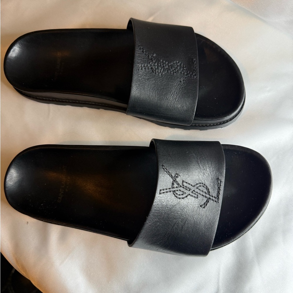 Saint Laurent Paris YSL Black Leather Slides – Size 37 (US 7) - Picture 3 of 7